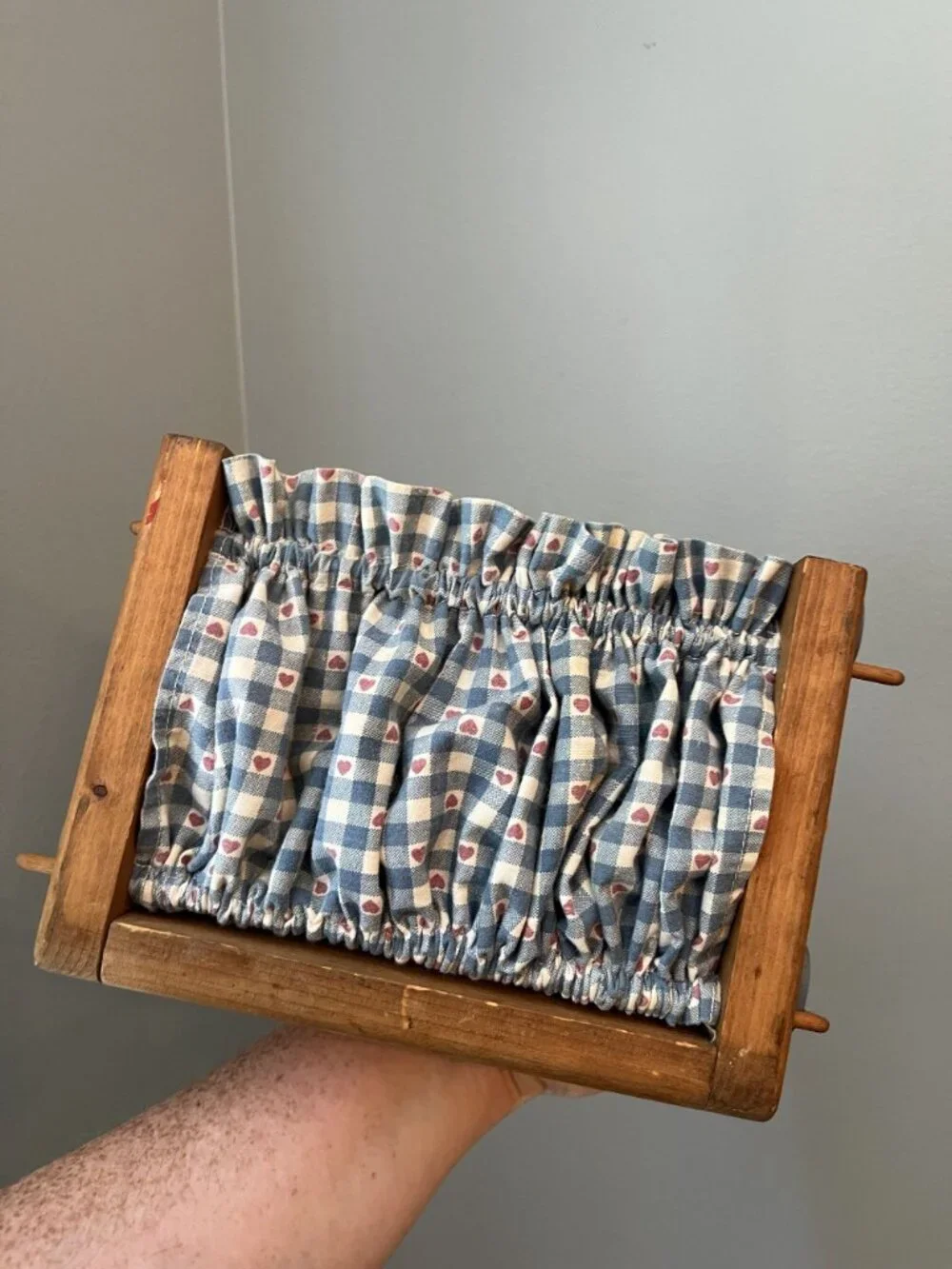 Vintage Wooden Napkin Holder With Heart Cutouts & Blue Gingham Fabric Cottagecor